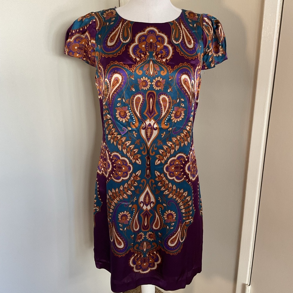 Banana Republic NWT 100% Silk Paisley Midi Dress Purple Teal Size 10 - Picture 2 of 8